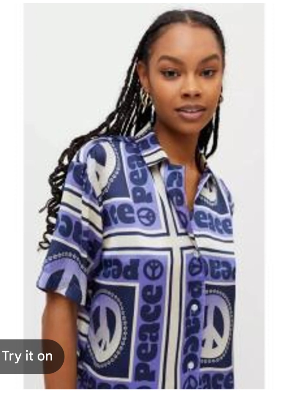 Urban Outfitters Peace Graphic Button-Up Shirt - Blue & Cream
